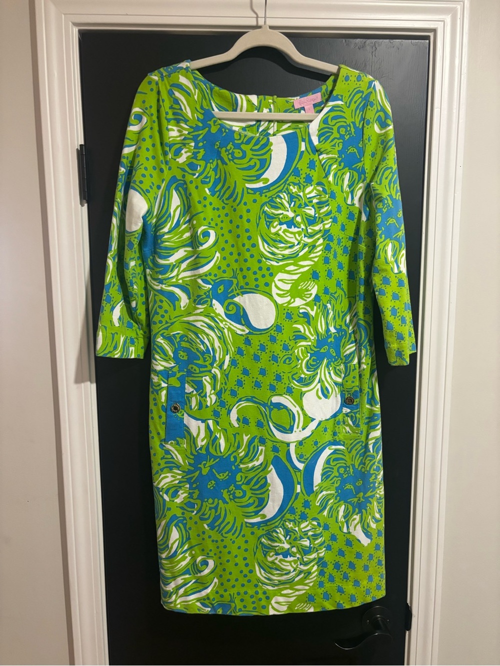 Lilly Pulitzer Lime Green, Blue & White Printed Shift Dress